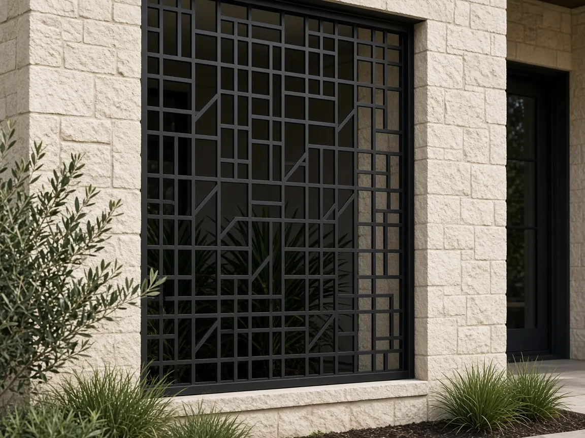 Decorative architectural metal screen on a contemporary Texas home facade — illustrative imagery, not a documented RustDesk Metal project