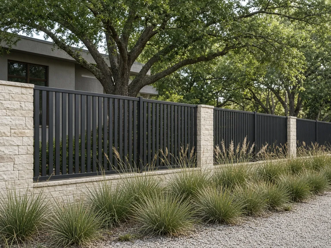 Architectural metal fence along a contemporary Texas property — illustrative imagery