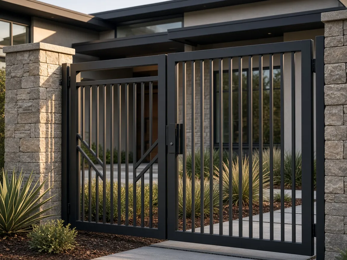 Contemporary black steel driveway gate at a modern Texas residence — illustrative imagery, not a documented RustDesk Metal project
