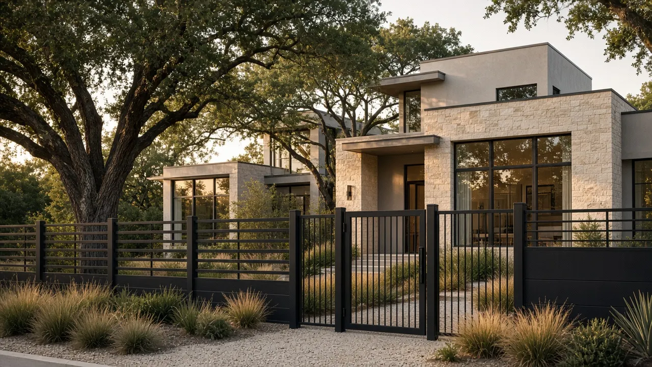 Contemporary Texas residence with limestone walls, live oaks, and a black architectural steel fence — illustrative imagery, not a documented RustDesk Metal project