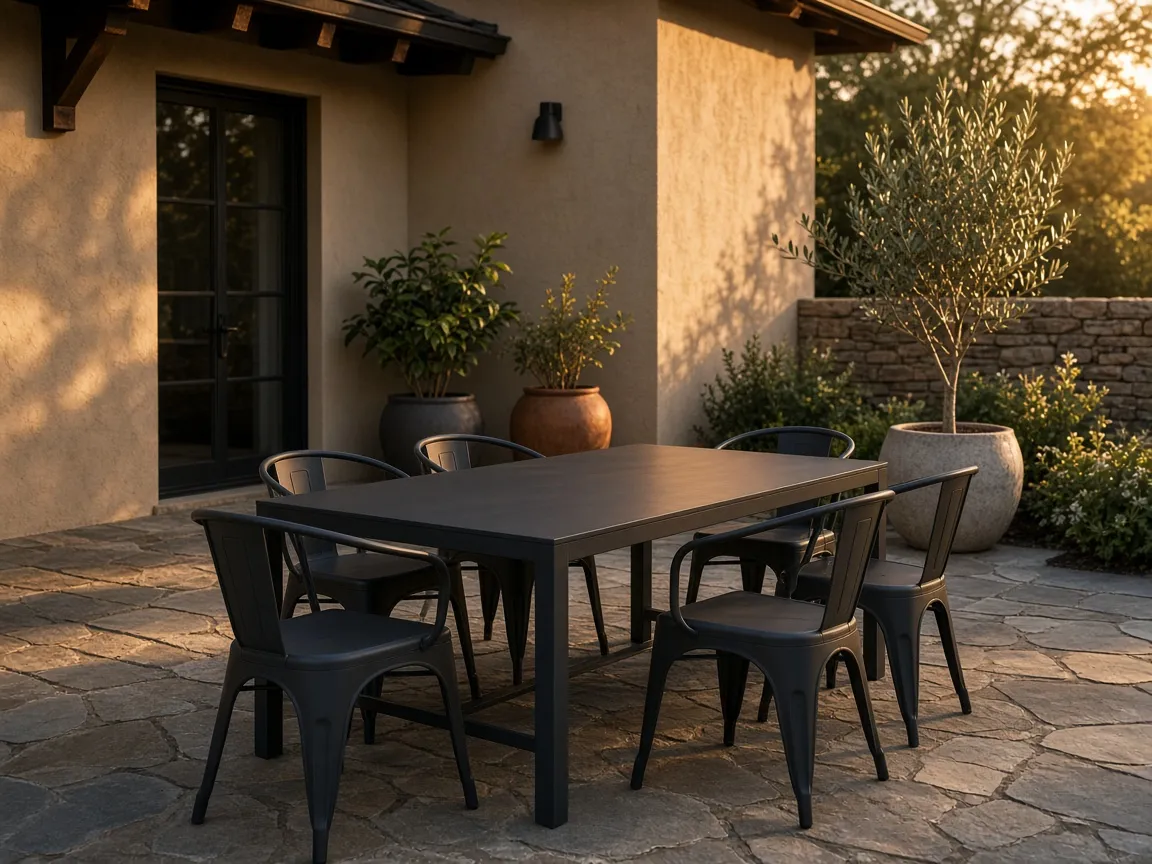 Metal patio dining table and chairs on a stone terrace at a modern home — illustrative imagery, not a documented RustDesk Metal project
