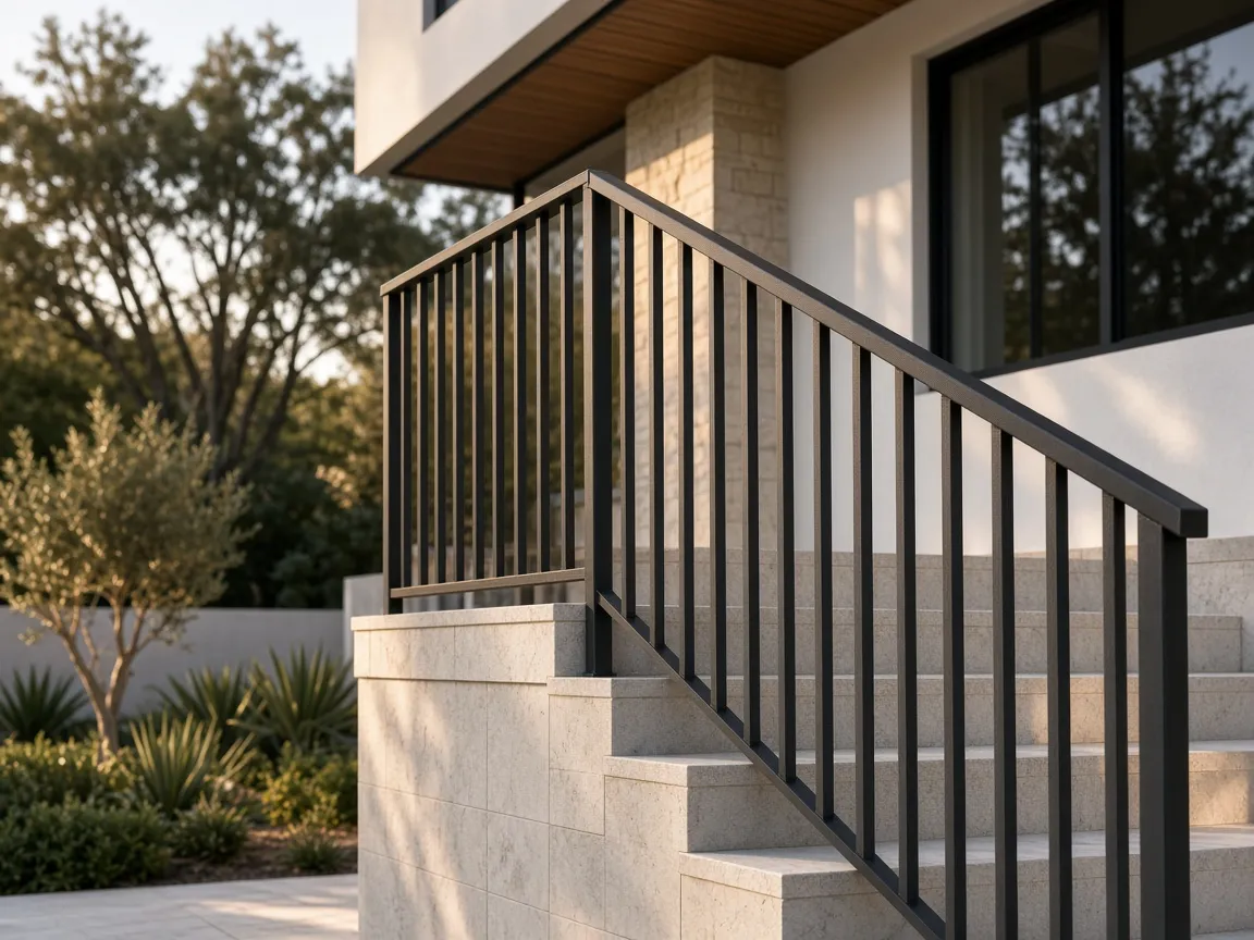 Dark architectural metal railing along a contemporary residential terrace — illustrative imagery, not a documented RustDesk Metal project