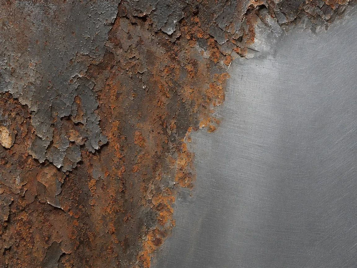 Weathered outdoor metal with visible corrosion and failed finish beside a prepared section of steel — illustrative imagery, not a documented RustDesk Metal project