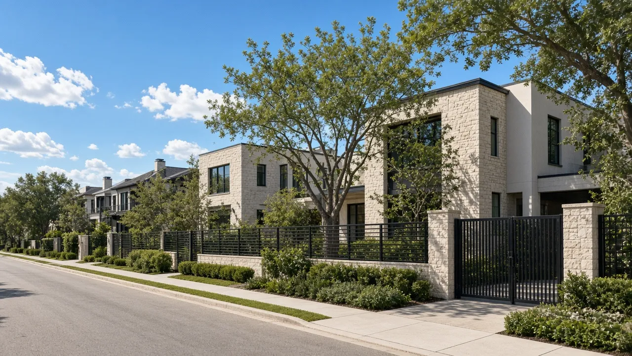Contemporary Texas residential street with limestone homes and architectural metal fences — illustrative imagery